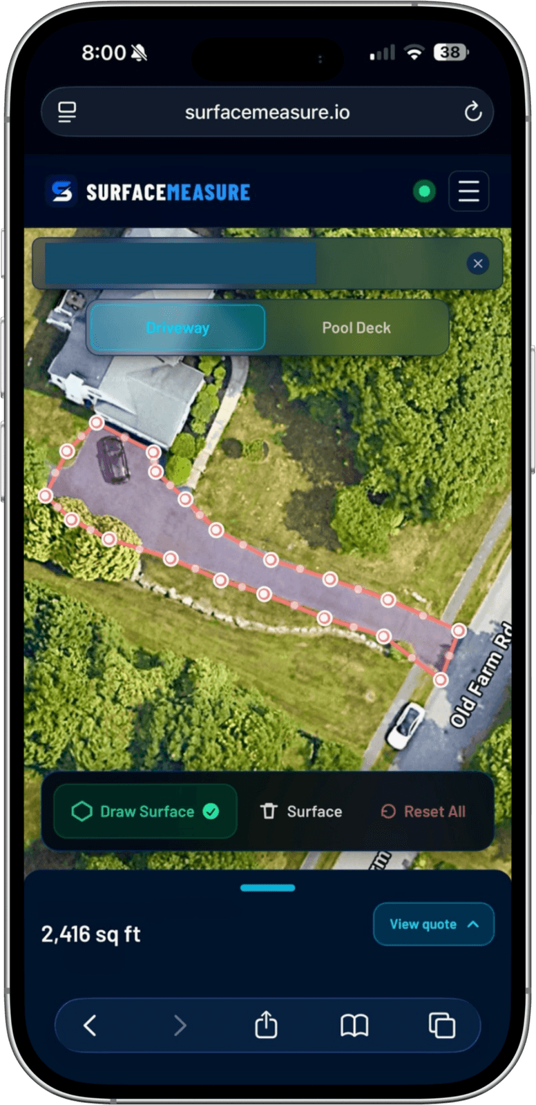 SurfaceMeasure on a phone measuring a driveway from satellite imagery — 2,416 square feet traced without a site visit