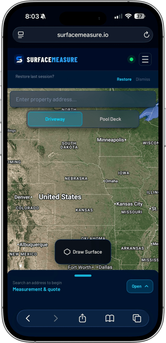 SurfaceMeasure property search on a phone — enter any US address and the satellite map flies to the property