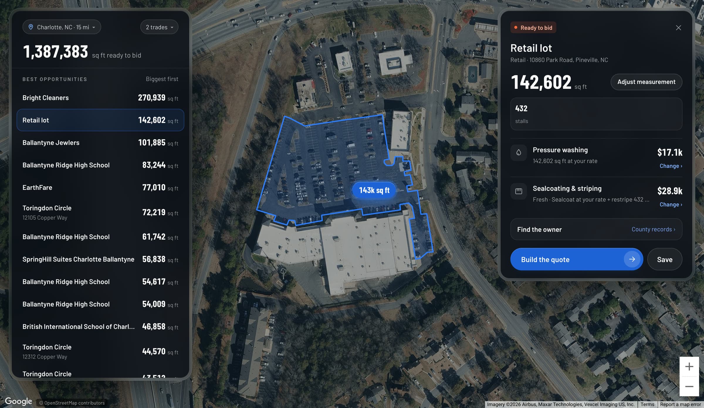 Prospects on a desktop: a list of the best opportunities biggest first, and a 142,602 sq ft retail lot outlined on satellite with pressure washing and sealcoating prices, Find the owner, Build the quote and Save
