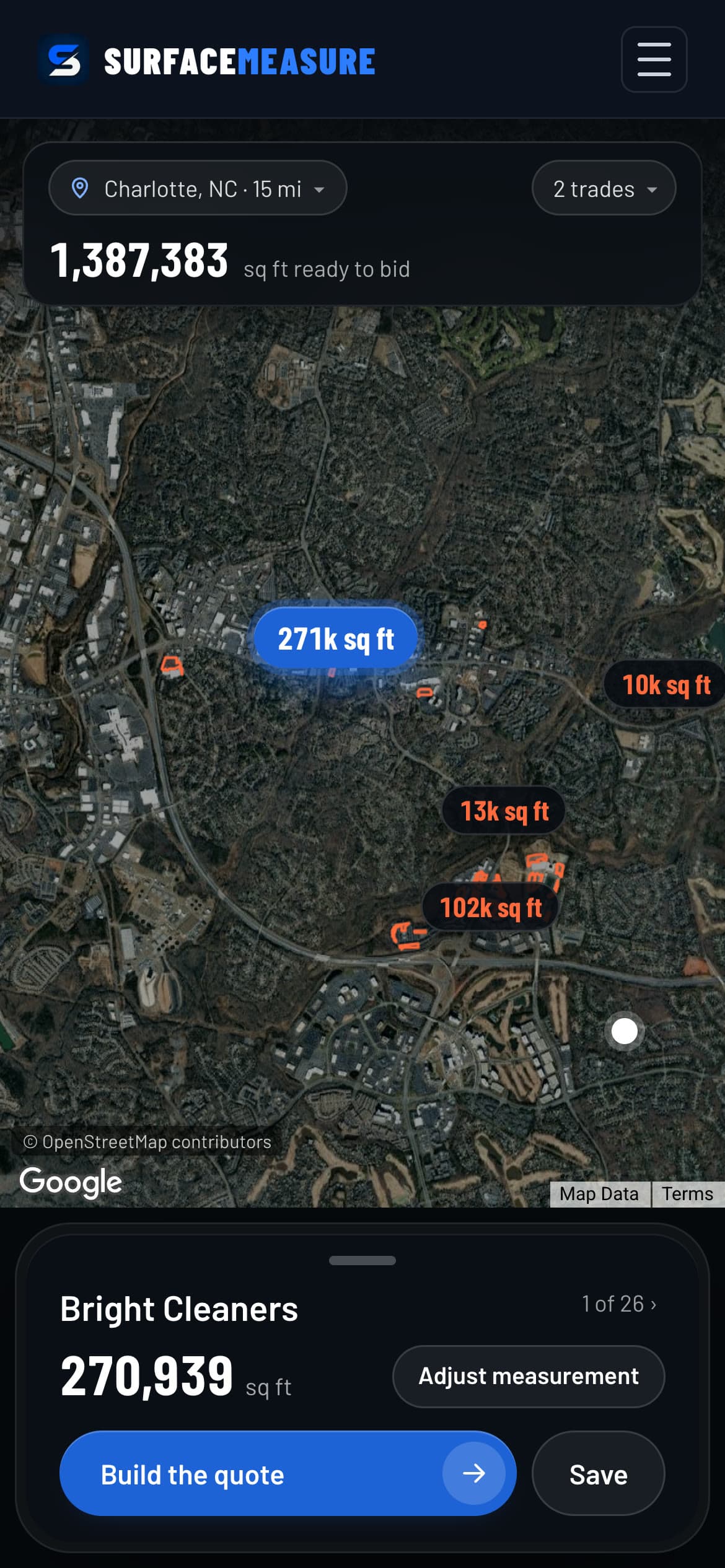 Prospects on a phone: 1,387,383 square feet ready to bid within 15 miles of Charlotte, lots marked on the map, and the biggest at 270,939 sq ft with Build the quote and Save