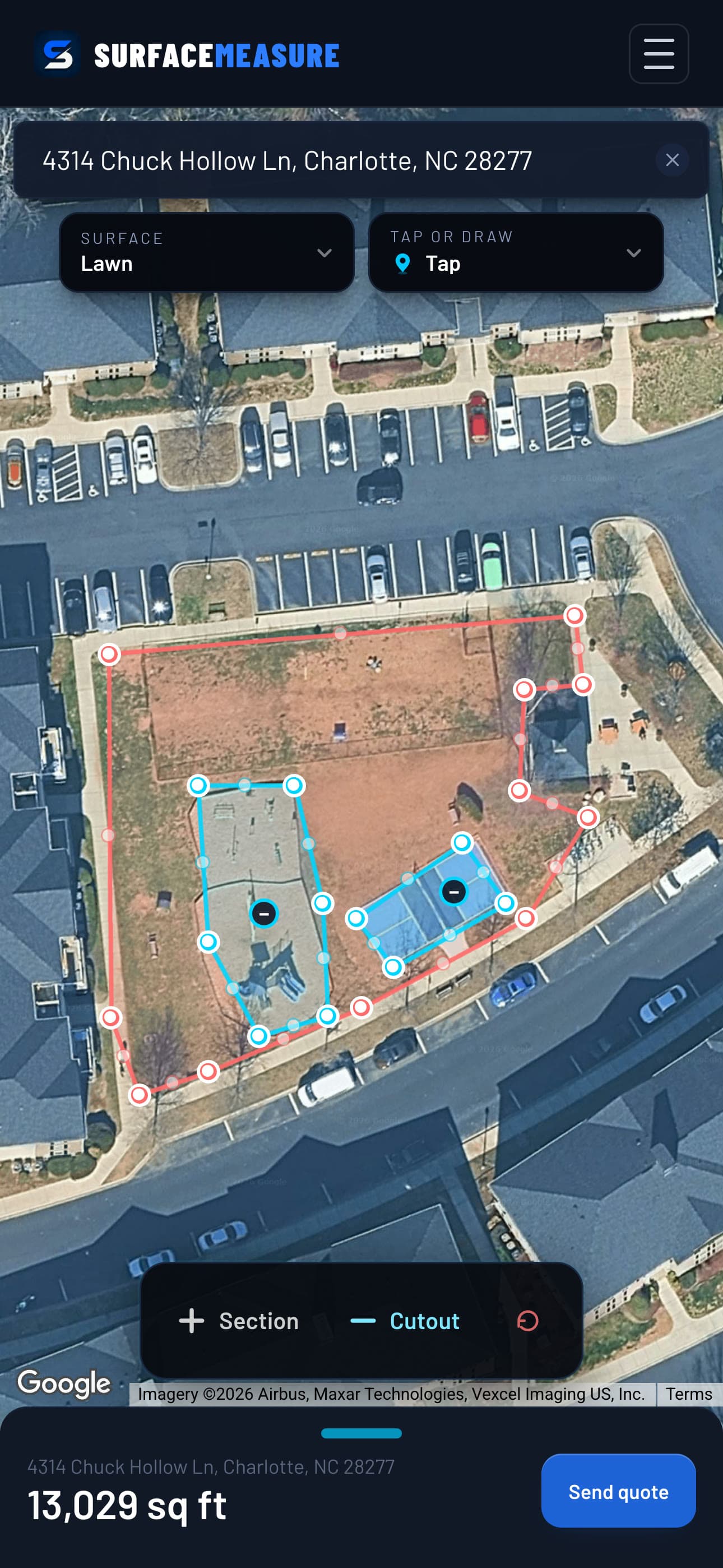 Lawn mode on a phone: a community lawn traced with the playground and sport court cut out, 13,029 sq ft