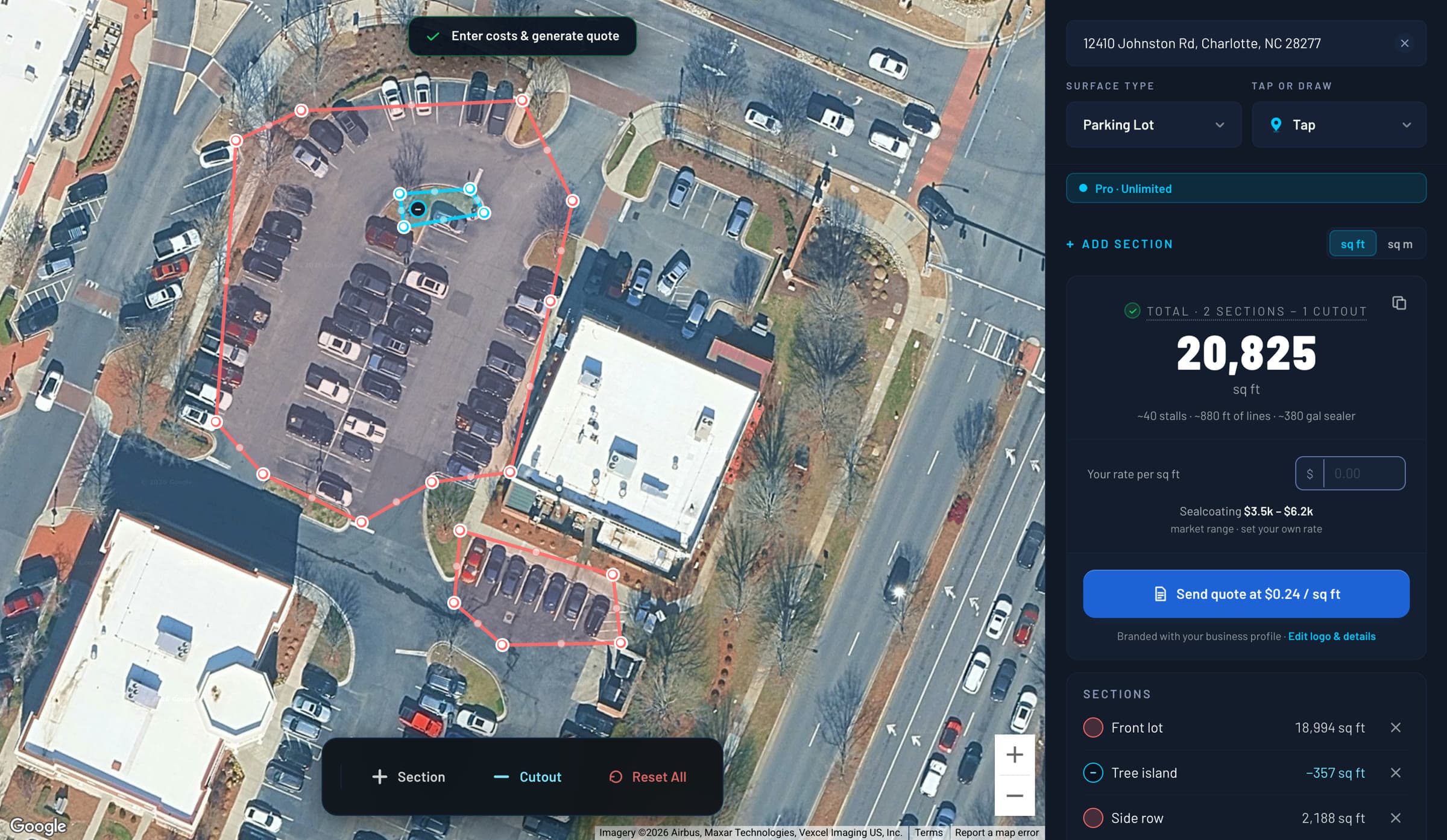 A parking lot measured in SurfaceMeasure in two sections with a tree island cut out: front lot 18,994, side row 2,188, island minus 357, total 20,825 sq ft