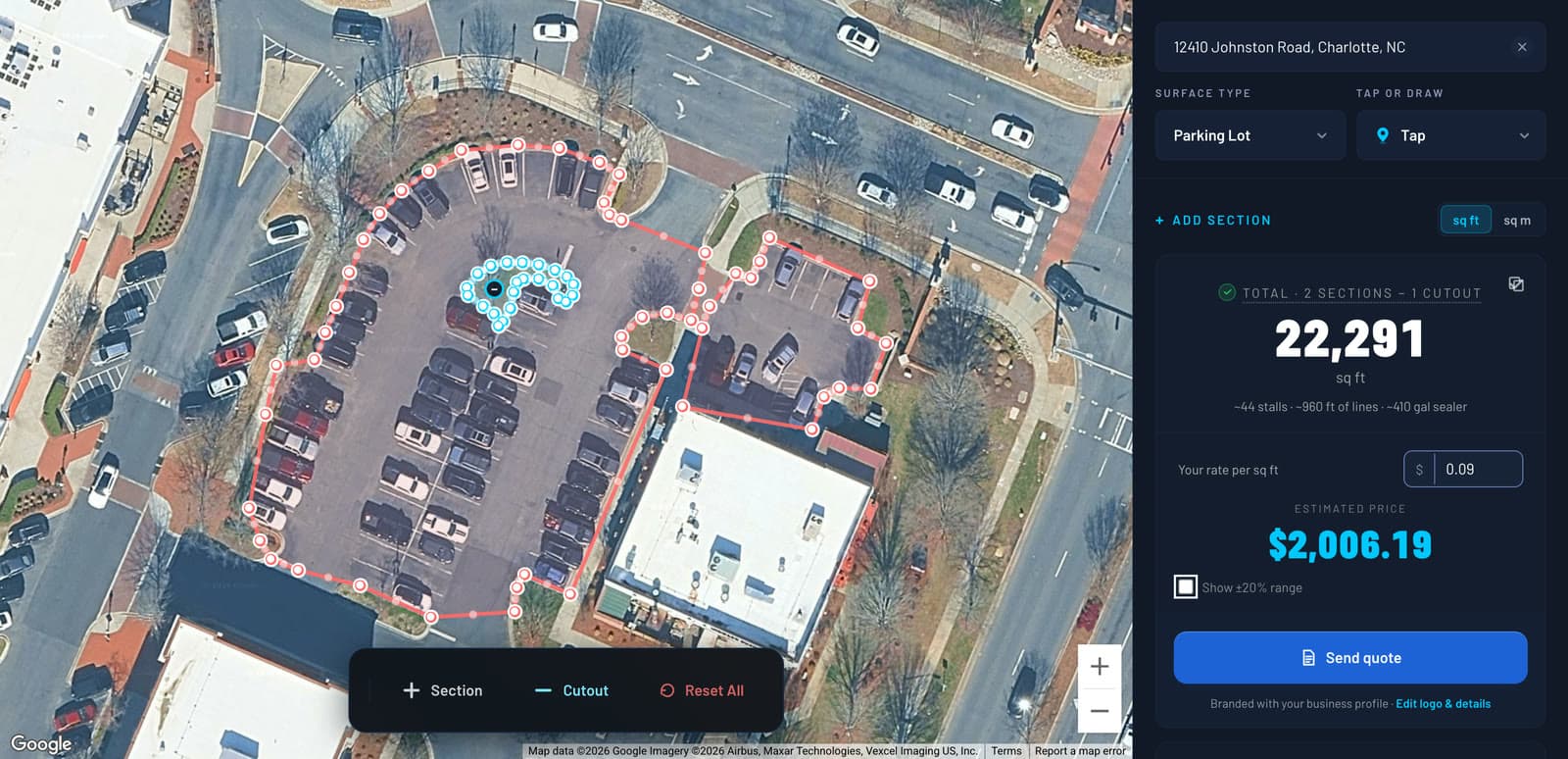 SurfaceMeasure in a desktop browser: a commercial parking lot at 12410 Johnston Rd traced in two sections with an island cut out, 22,291 square feet at $0.09 a square foot, $2,006.19 estimated, with a Send quote button