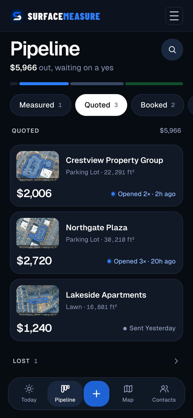 The Jobs pipeline in SurfaceMeasure: $5,966 out waiting on a yes, with quoted parking-lot and lawn jobs, each showing when the customer opened the quote