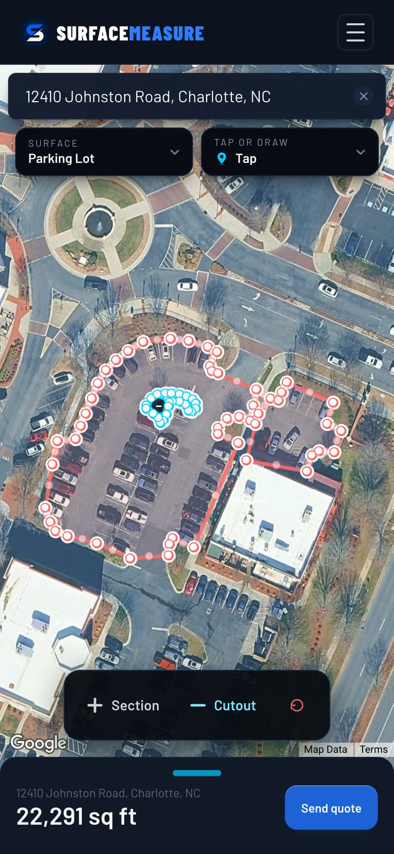 The lot at 12410 Johnston Rd traced in two sections in SurfaceMeasure, with a planted island cut out in blue, reading 22,291 square feet and a Send quote button