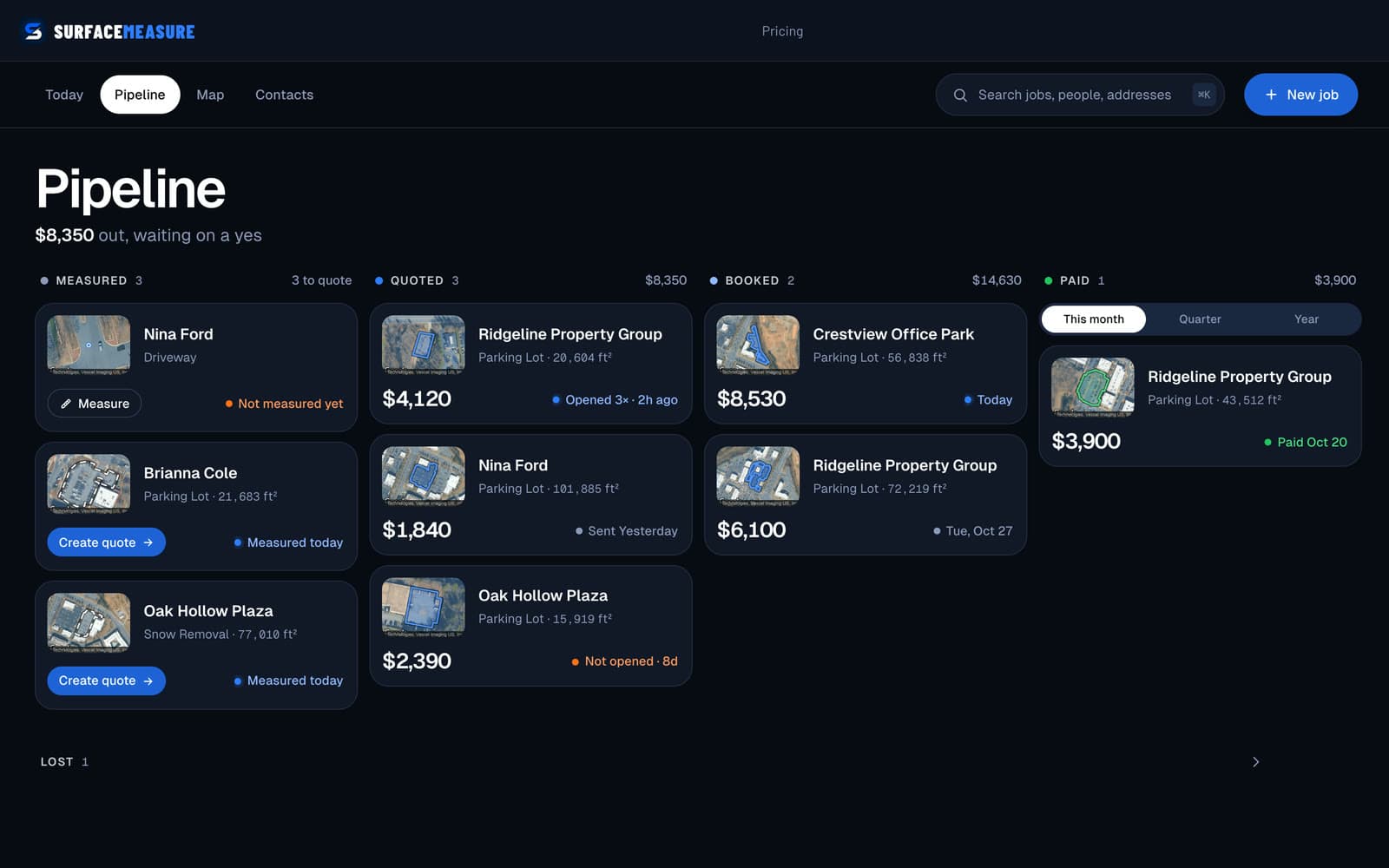 The Jobs pipeline on a laptop: jobs measured, quoted, booked and paid, with $8,350 out waiting on a yes