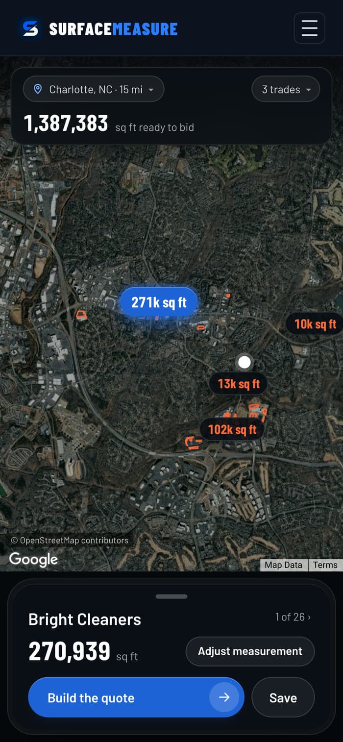 Prospects on a phone: commercial lots on a map around Charlotte, each labelled with its square footage, and the biggest one open with Build the quote