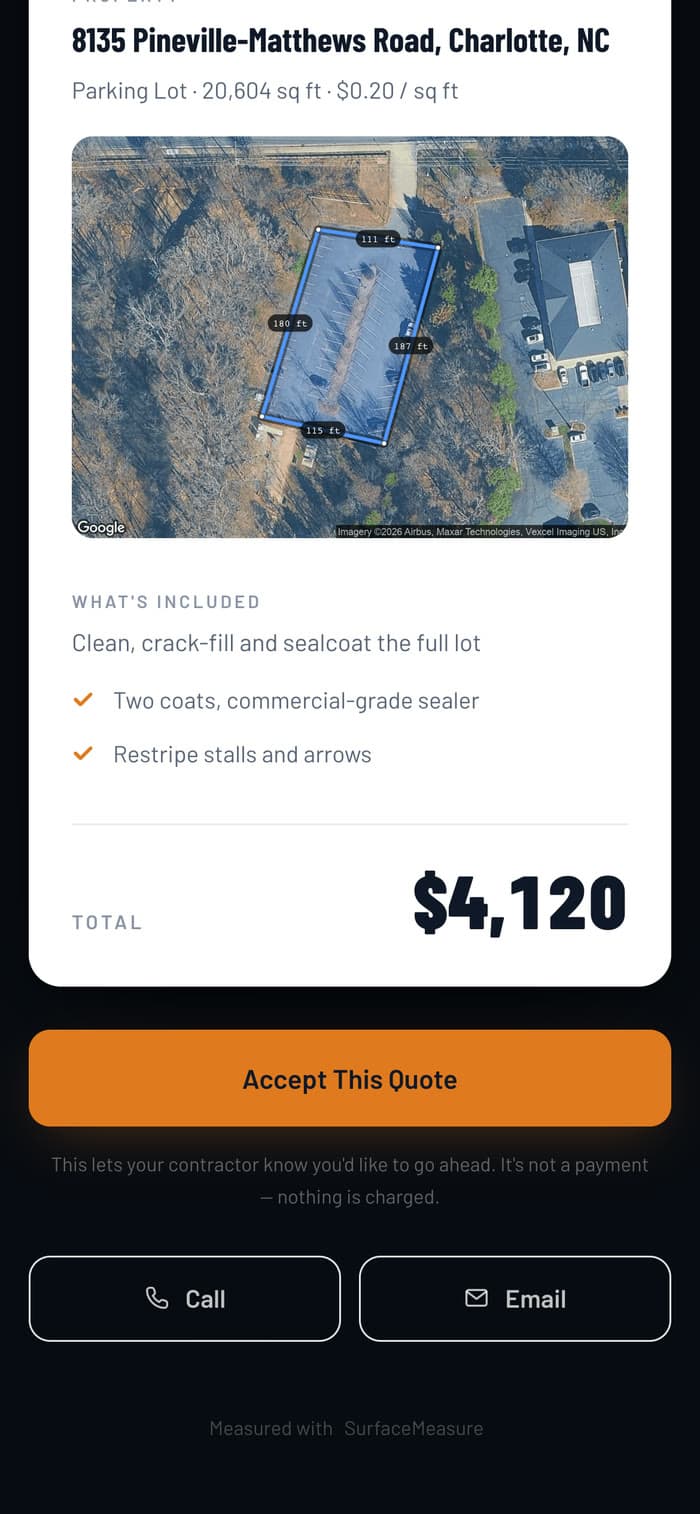 The bottom of a quote link on a phone: Summit Exterior Co.'s scope of work, the $4,120 total and the Accept This Quote button