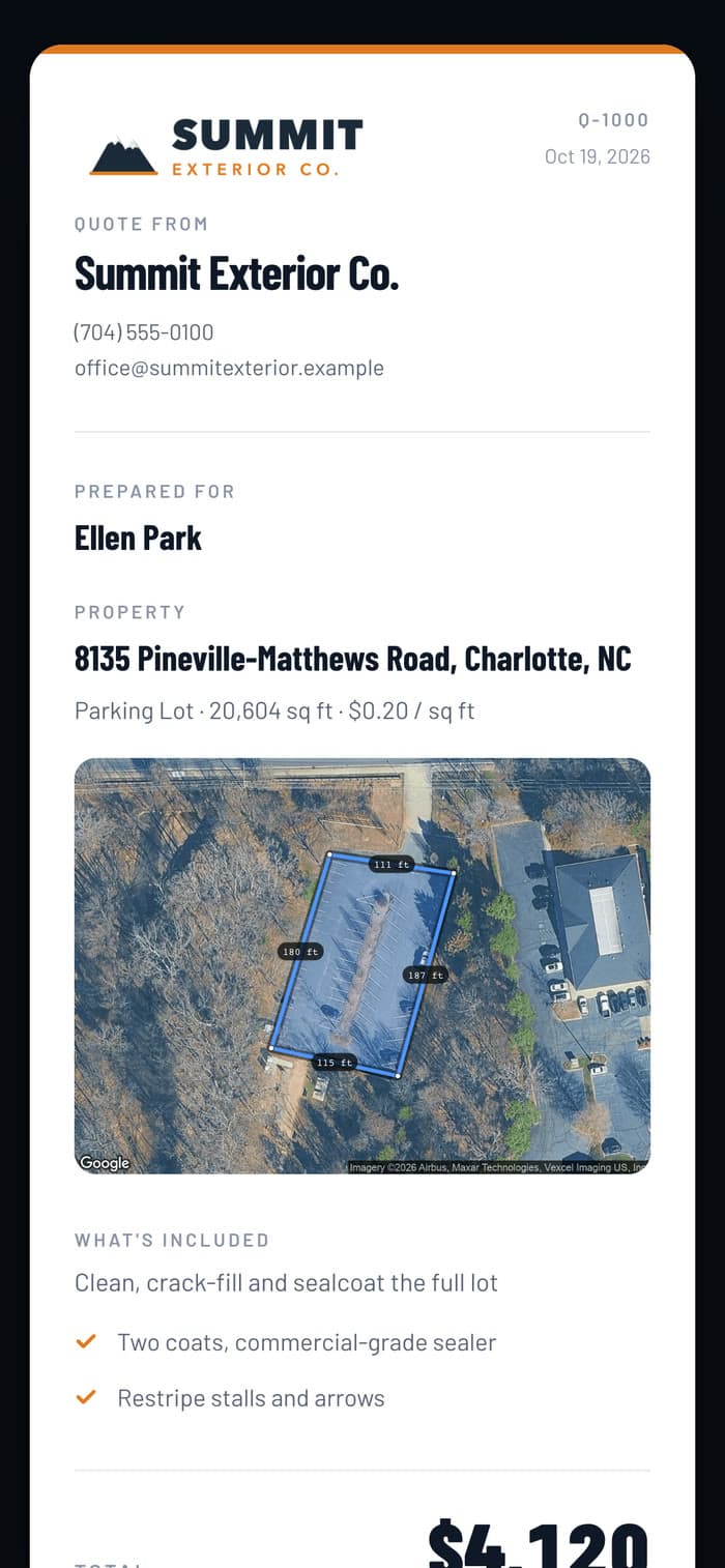 A branded quote on a phone: Summit Exterior Co.'s logo, the customer's name and the parking lot traced on satellite imagery at 20,604 square feet