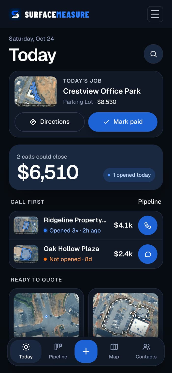 Jobs Today on a phone: today's booked job with Directions and Mark paid, $6,510 in quotes that could close, and who to call first