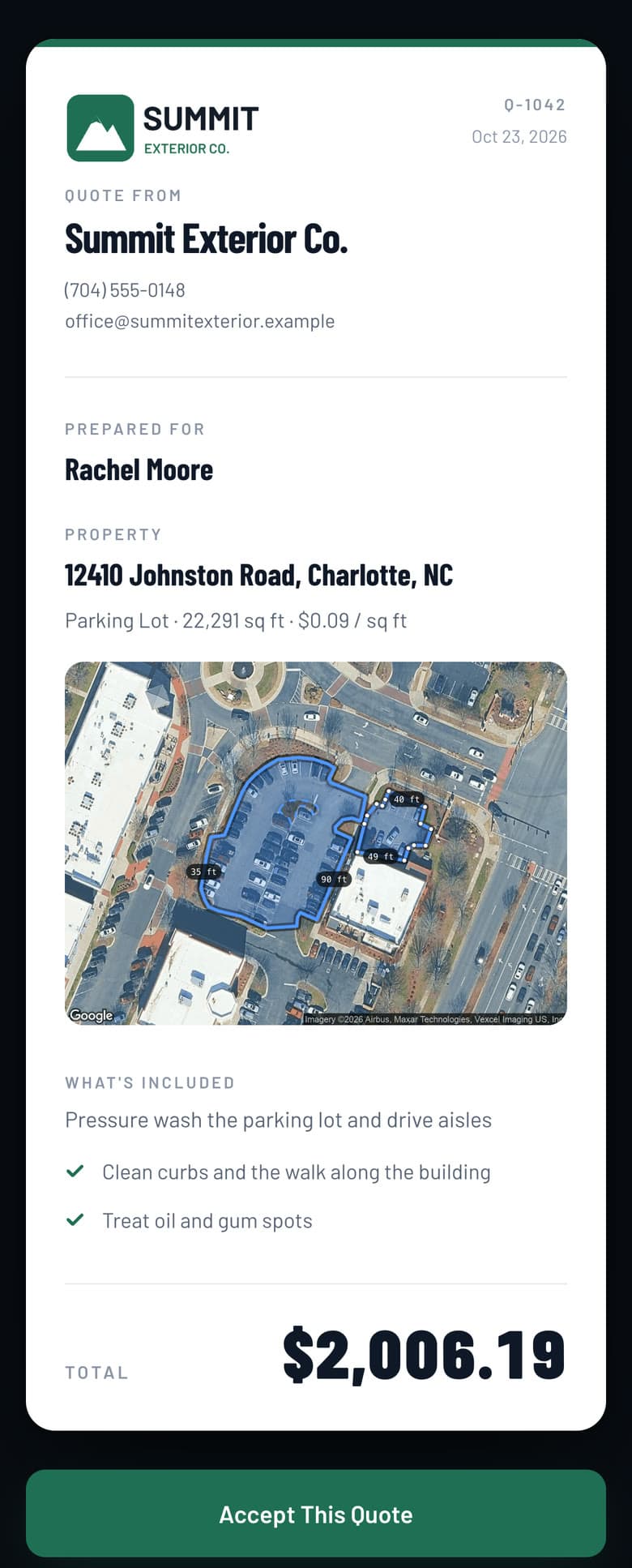 An example quote on a phone, from a demo company: a parking lot outlined on an aerial, 22,291 square feet at $0.09 a square foot for pressure washing, a $2,006.19 total and an Accept This Quote button