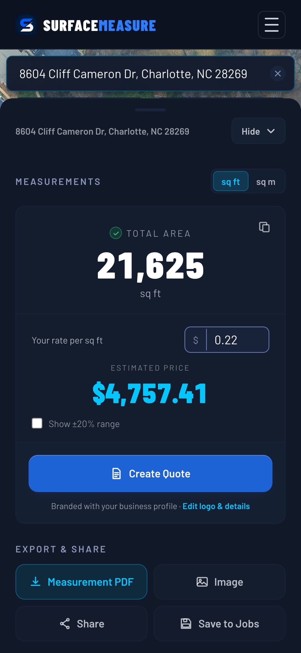 SurfaceMeasure's results on a phone: 21,625 square feet at a $0.22 rate, a $4,757.41 estimate, Create Quote and the export options