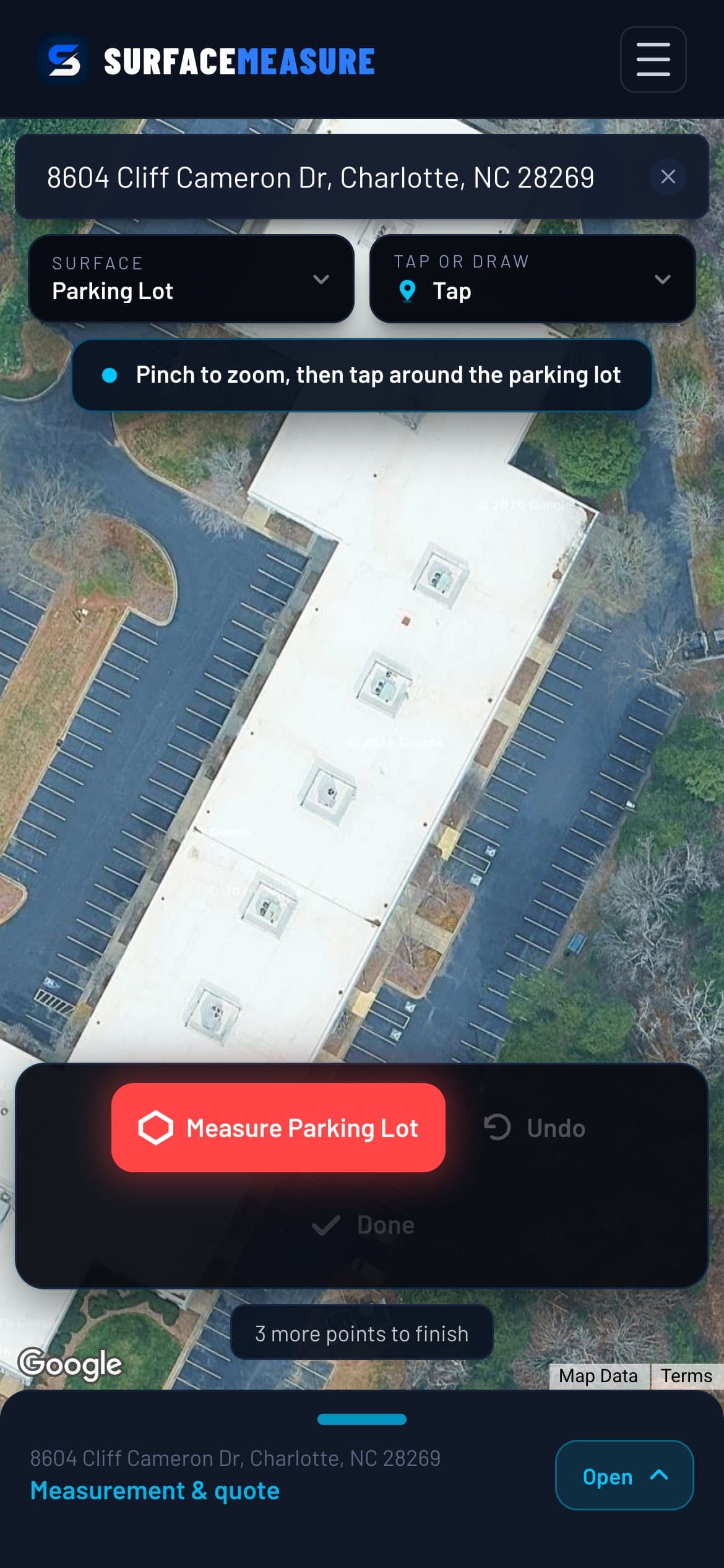 SurfaceMeasure on a phone with 8604 Cliff Cameron Dr searched and Parking Lot chosen: the lot is already on screen in satellite imagery