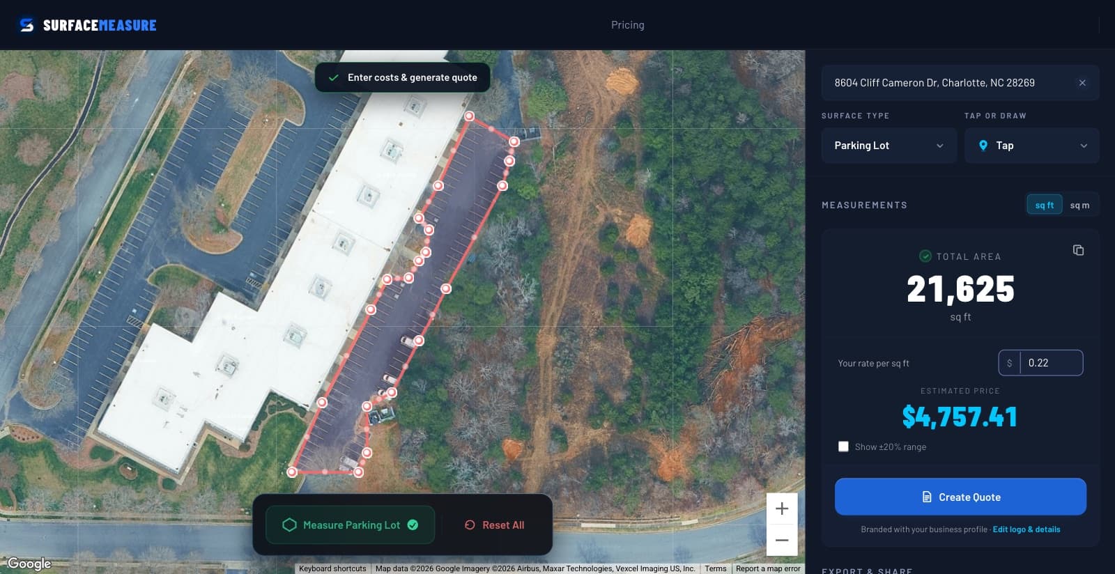 SurfaceMeasure on a laptop: a commercial parking lot traced on satellite imagery at 21,625 square feet, with the estimate beside it