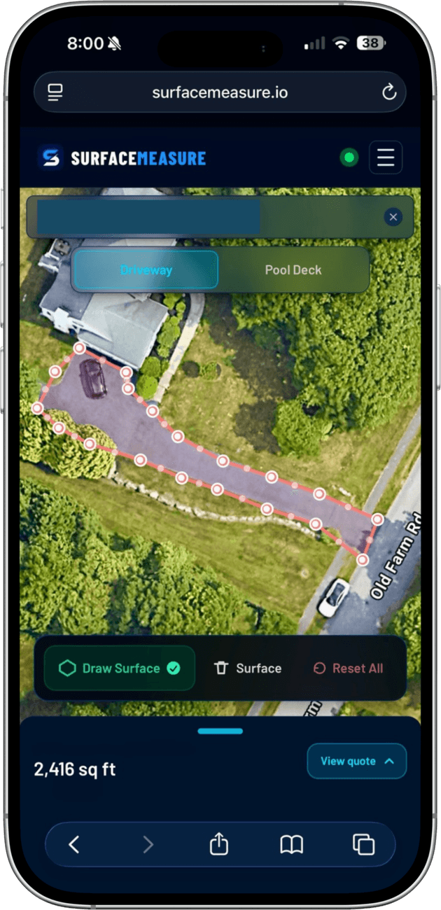 Tracing a driveway on satellite imagery in SurfaceMeasure — tap points outline the surface for an exact measurement