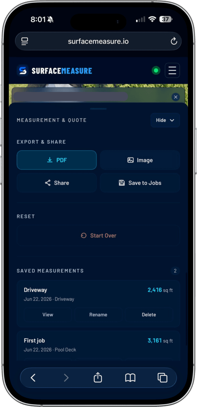 SurfaceMeasure export options on a phone — PDF report, image export, share link, and save to jobs
