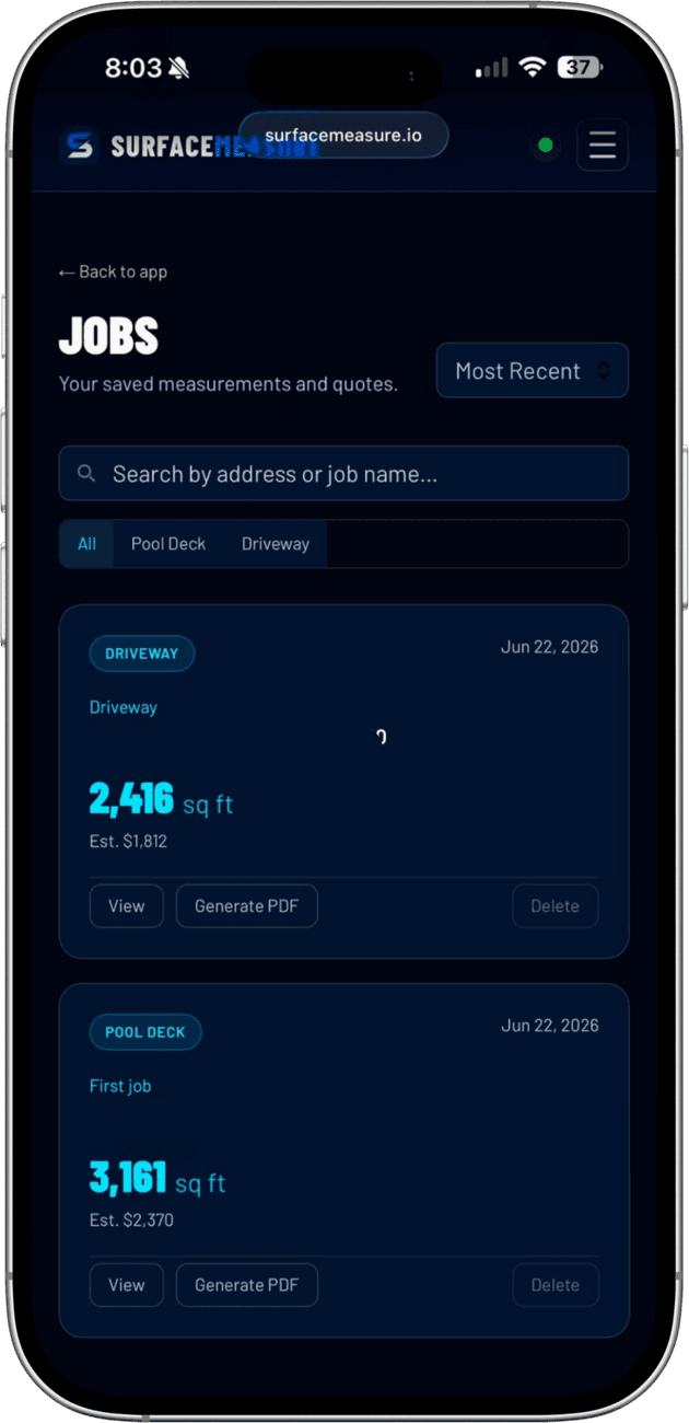 The SurfaceMeasure Jobs page on a phone listing saved measurements with square footage and estimates