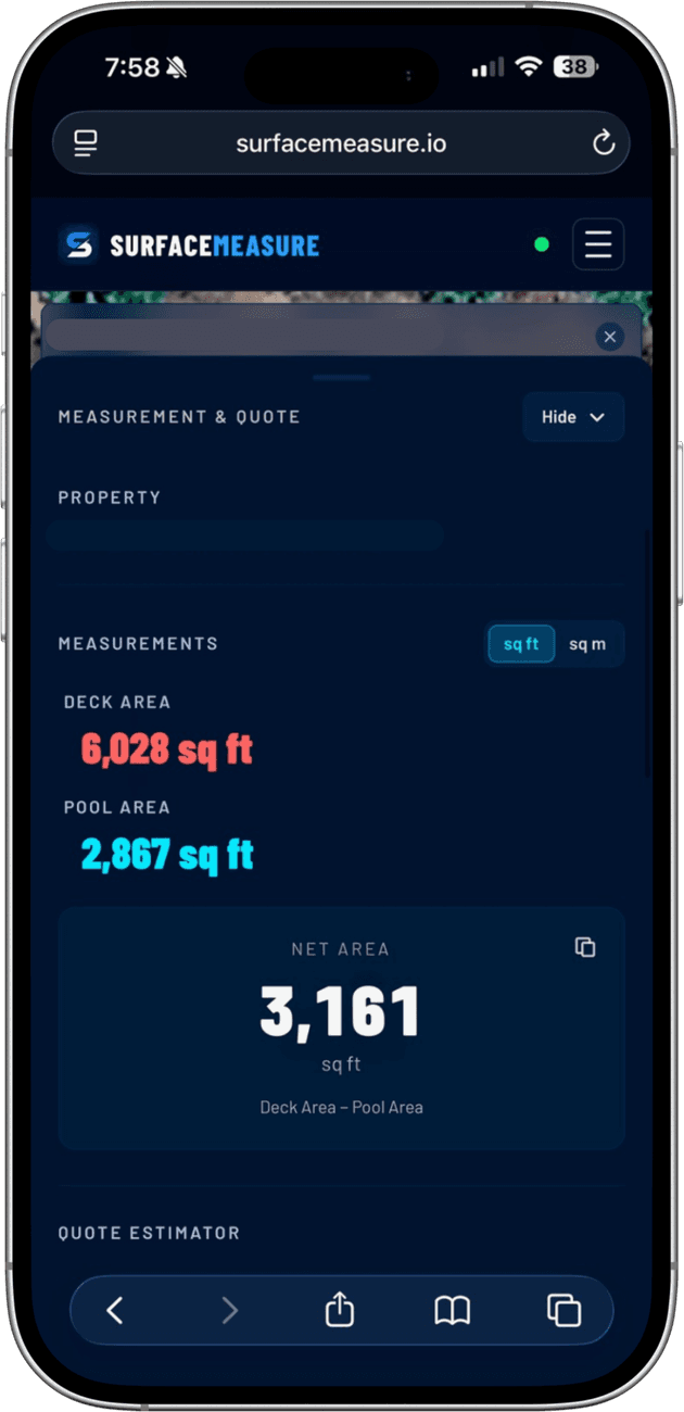 SurfaceMeasure showing deck area, pool area, and the automatically calculated net square footage on a phone