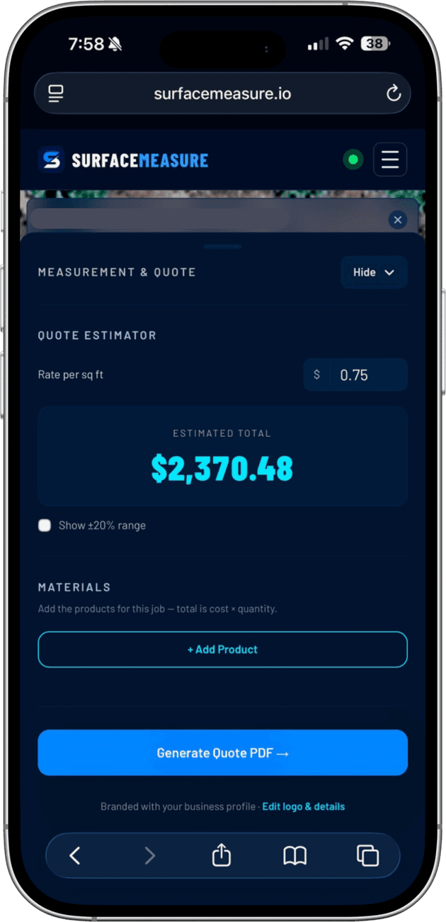 The SurfaceMeasure quote estimator on a phone showing a rate per square foot and an estimated total of $2,370.48