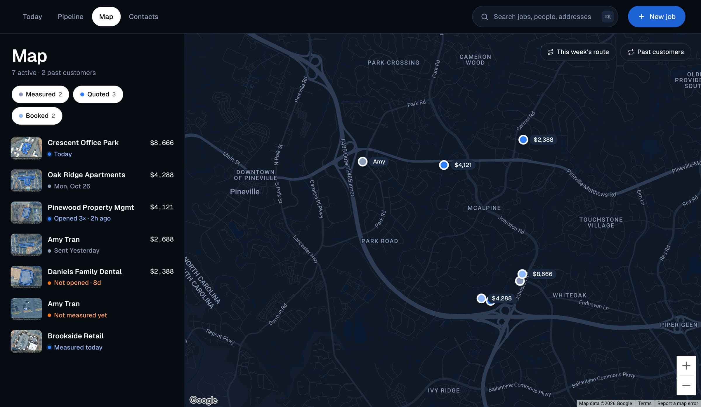 The Jobs map: seven active jobs and two past customers around Pineville and Ballantyne, with This week's route and Past customers switches