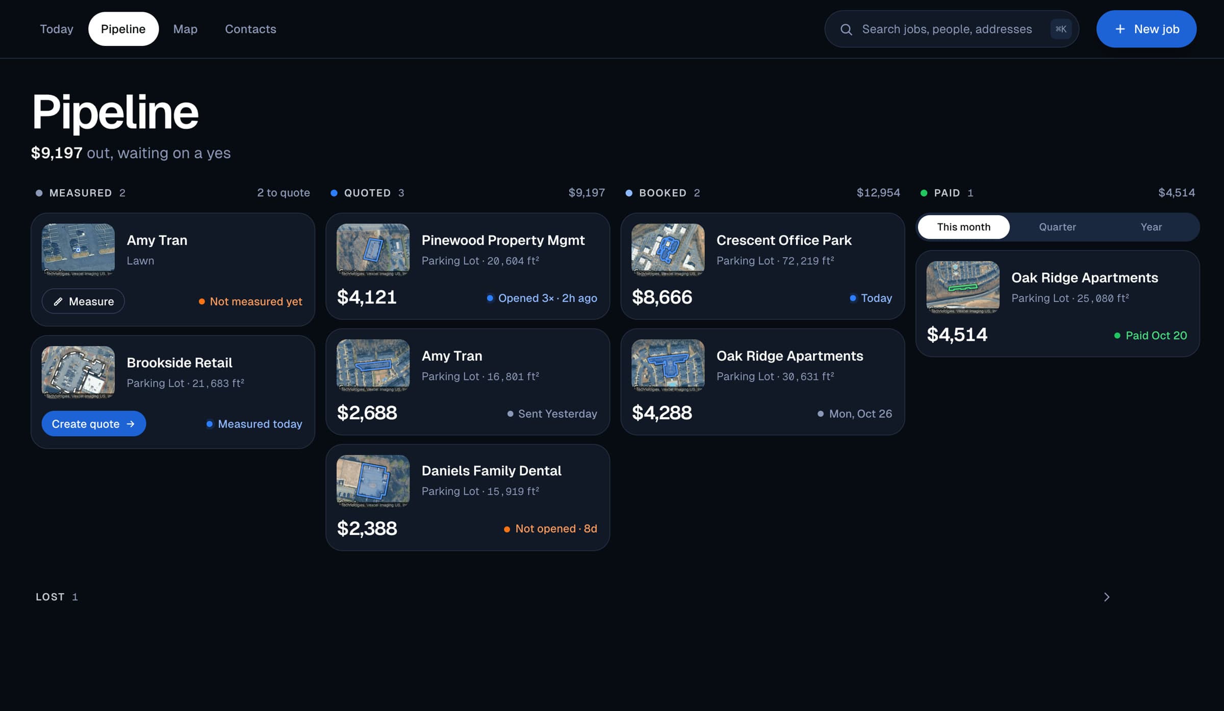 The Jobs pipeline for Summit Exterior Co.: measured, quoted, booked and paid columns with totals, $9,197 out waiting on a yes, and when each quote was opened