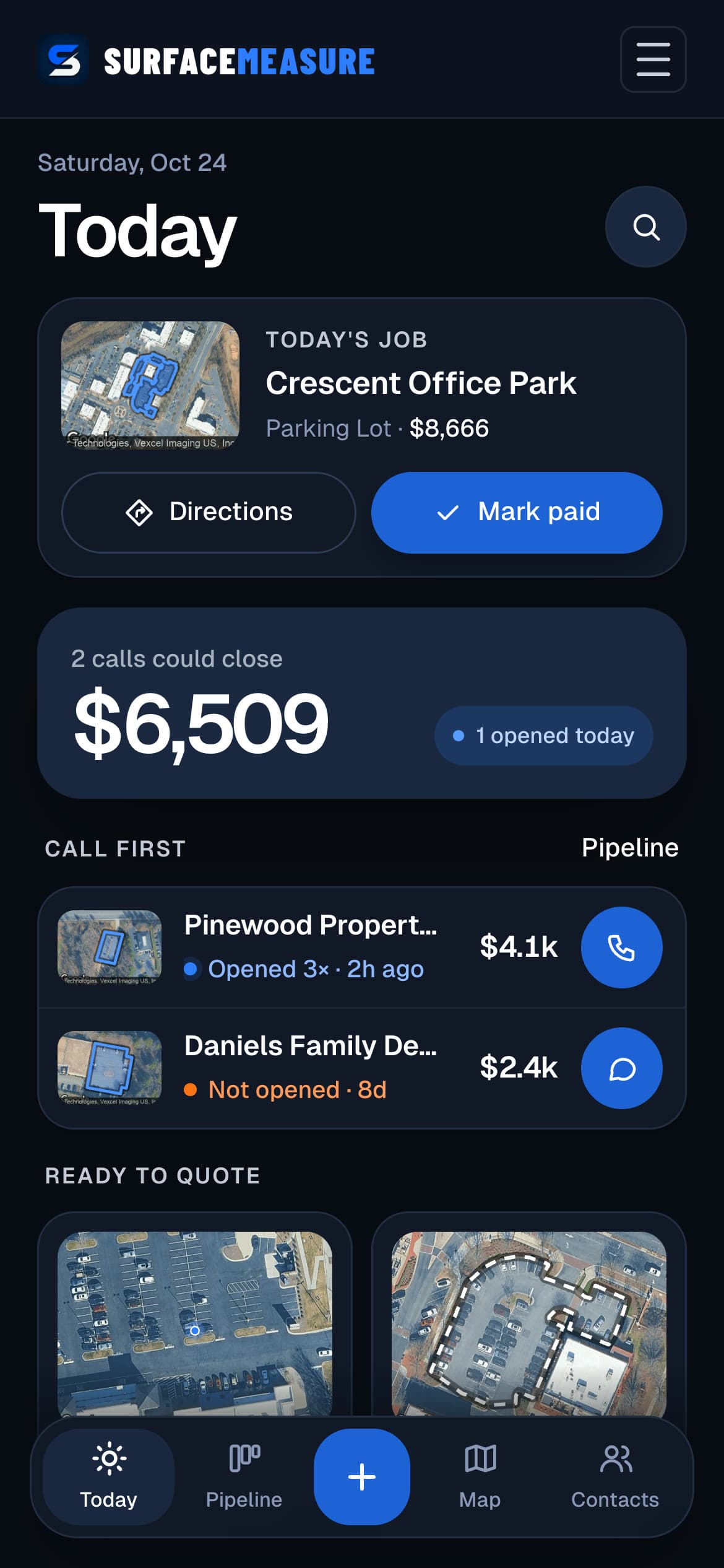 The Today screen in SurfaceMeasure Jobs on a phone: today's job at Crescent Office Park with Directions and Mark paid, two calls that could close for $6,509, and who to call first