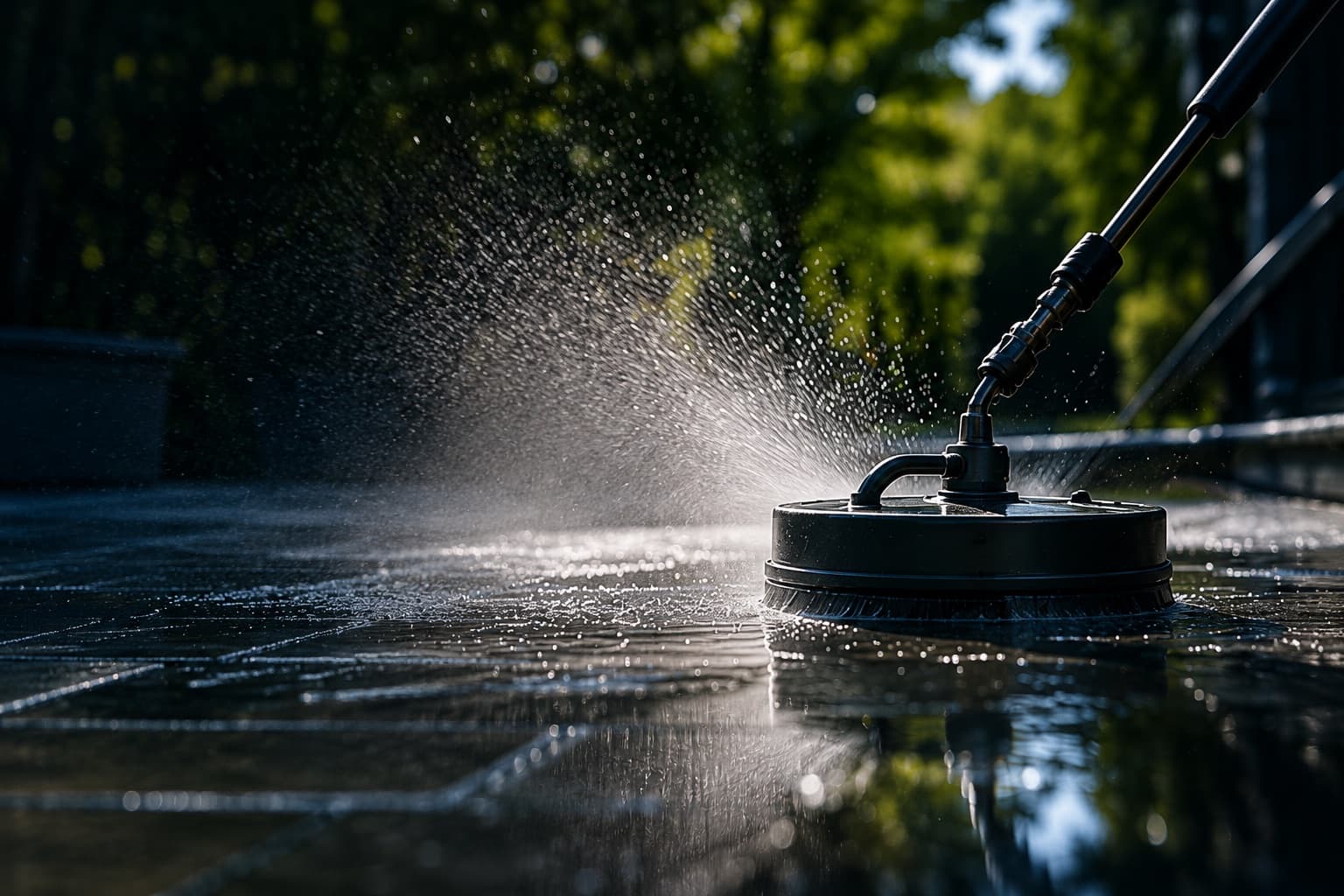 Surface cleaner pressure washing wet concrete at dusk