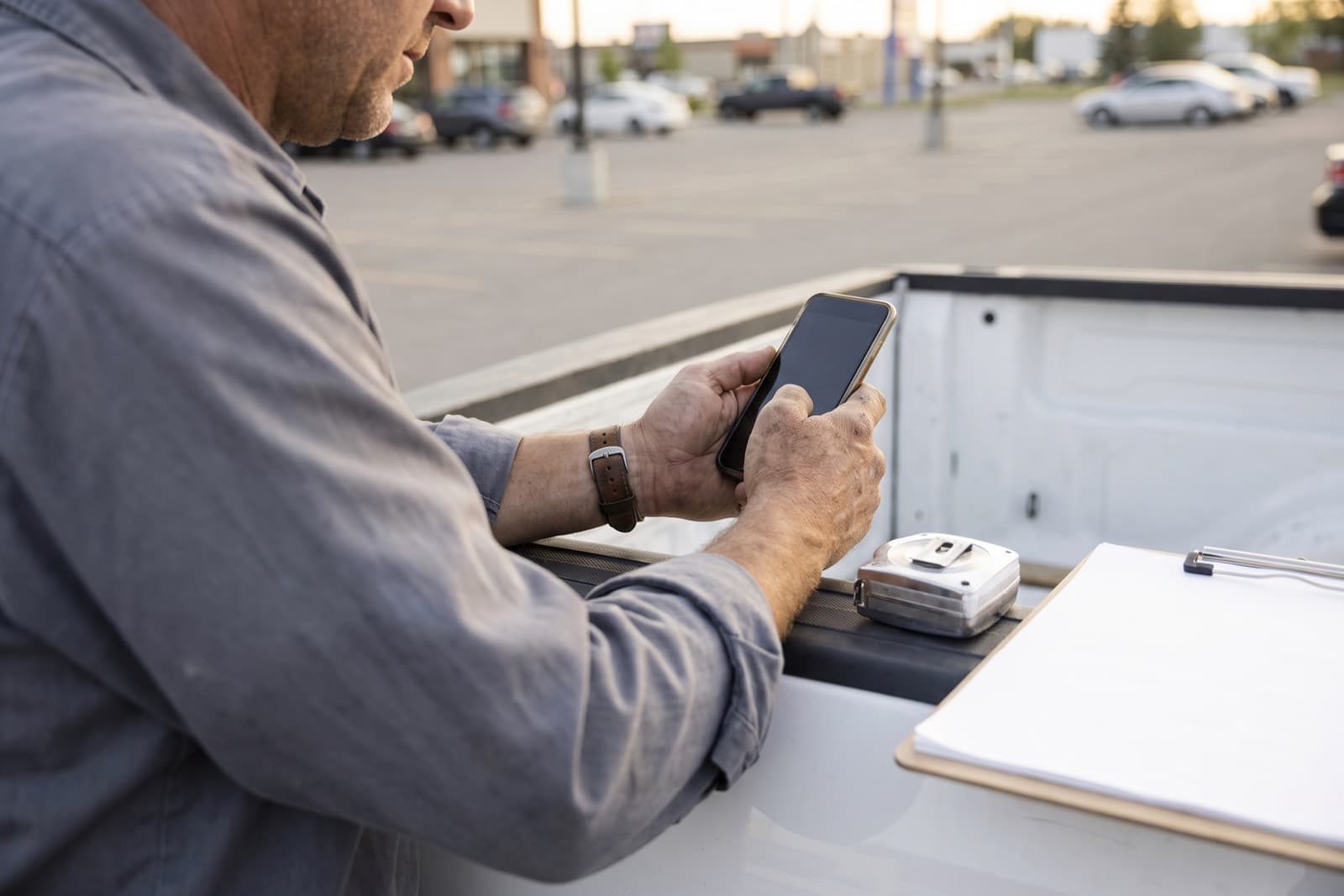 A contractor at the open tailgate of a work truck, pricing a job on a phone with a tape measure and clipboard beside him