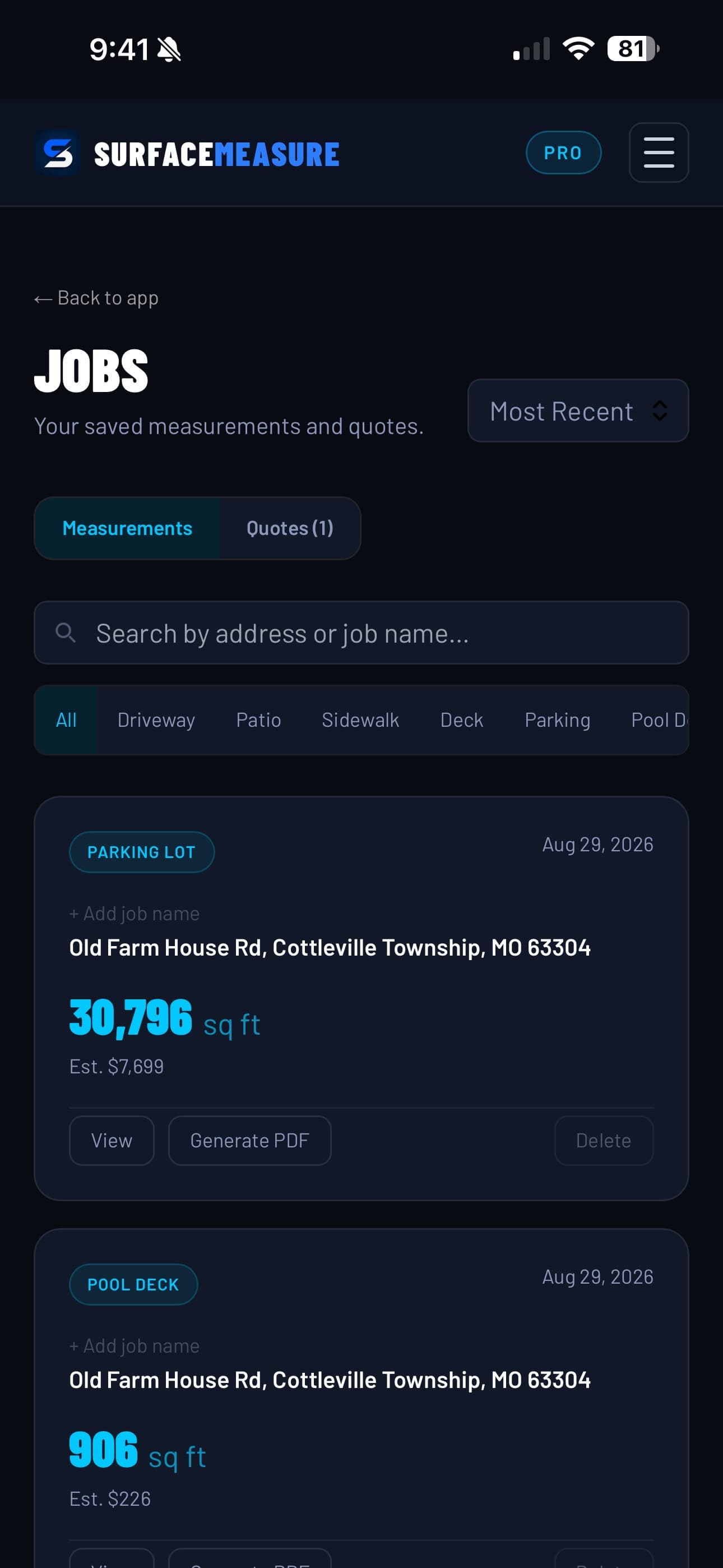 The SurfaceMeasure Jobs page on a phone: saved measurements with a search field and surface type filters
