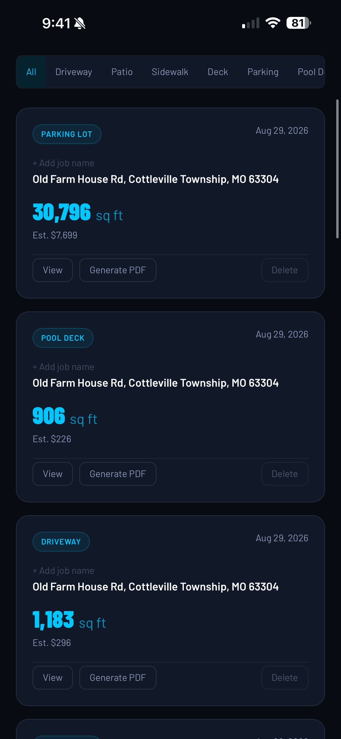 The Jobs page filter row and saved job cards: a parking lot at 30,796 square feet, a pool deck at 906, and a driveway at 1,183