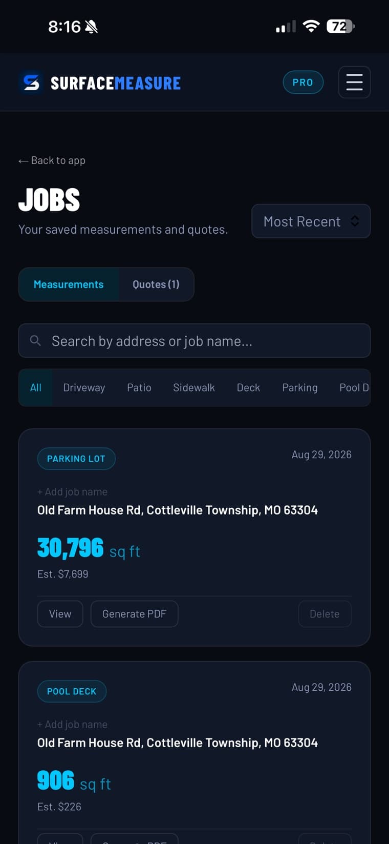 The SurfaceMeasure Jobs list on a phone, showing a saved 30,796 sq ft parking lot estimated at $7,699 and a saved 906 sq ft pool deck estimated at $226