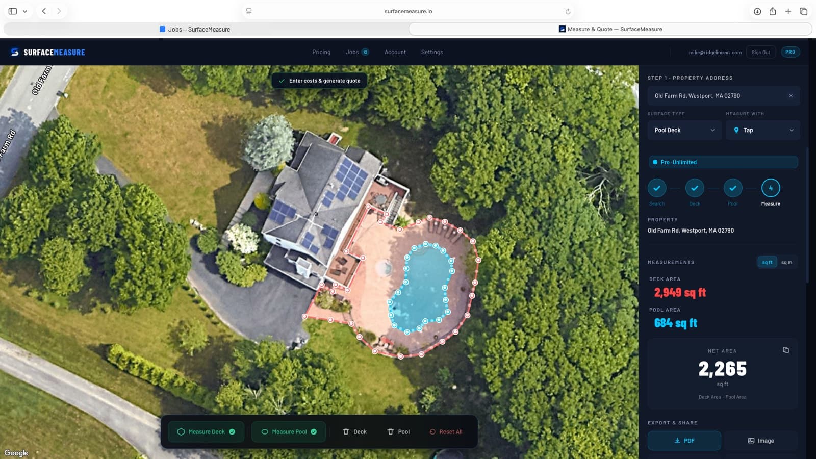 SurfaceMeasure on a laptop: a pool deck traced from satellite imagery, the pool subtracted, and a net area of 2,265 square feet